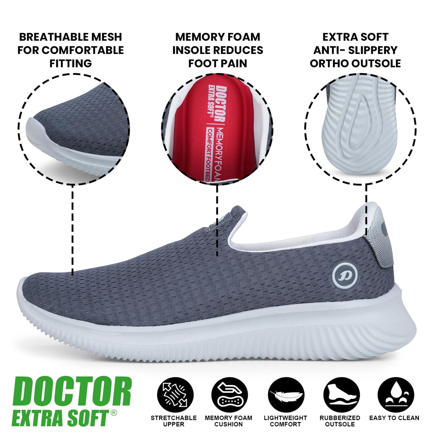 DOCTOR EXTRA SOFT Memory Foam Mens Running Shoe | Sports,Gym,Training,Walking,Jogging, Lightweight & Comfortable | Loafer Sneakers Lace-Up Athletics Moccasins Slipon Gent's & Boy's D-2016, Grey,11 UK