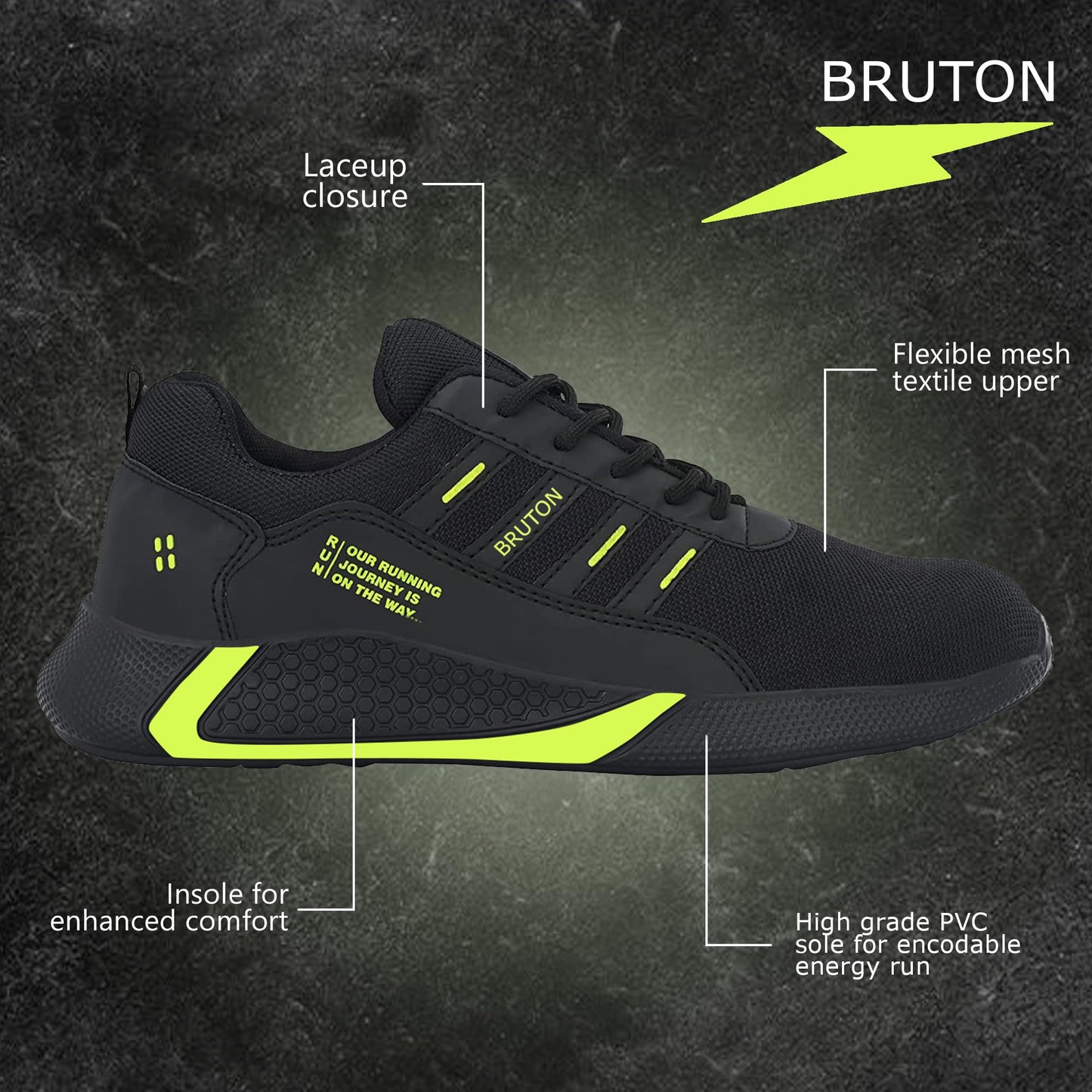 BRUTON Exclusive Trendy, Casual, Sports Shoes for Men, Running Shoes for Men (Black Grey, Size : 7)