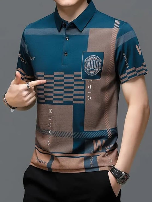 Men's Irregular Geometric Pattern and Alphabet Print Sports Collar Tshirt (Rizim Temu Print Polo-Blue)